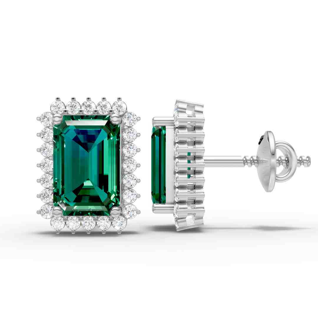 Emerald Cut Green Gemstone Halo Stud Earrings